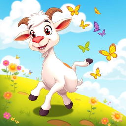 A cheerful cartoon goat standing on a lush green hillside, with big expressive eyes and a playful smile