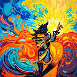 A vibrant abstract image portraying a person accompanied by a guide, both depicted in a stylized, expressive manner