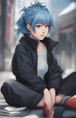 A high quality digital art piece of a blue-haired girl in the style of Jujutsu Kaisen, with her hair and features meticulously detailed, capturing the unique art style of the anime