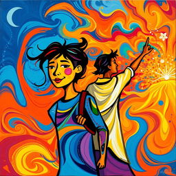 A vibrant abstract image portraying a person accompanied by a guide, both depicted in a stylized, expressive manner