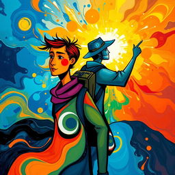 A vibrant abstract image portraying a person accompanied by a guide, both depicted in a stylized, expressive manner