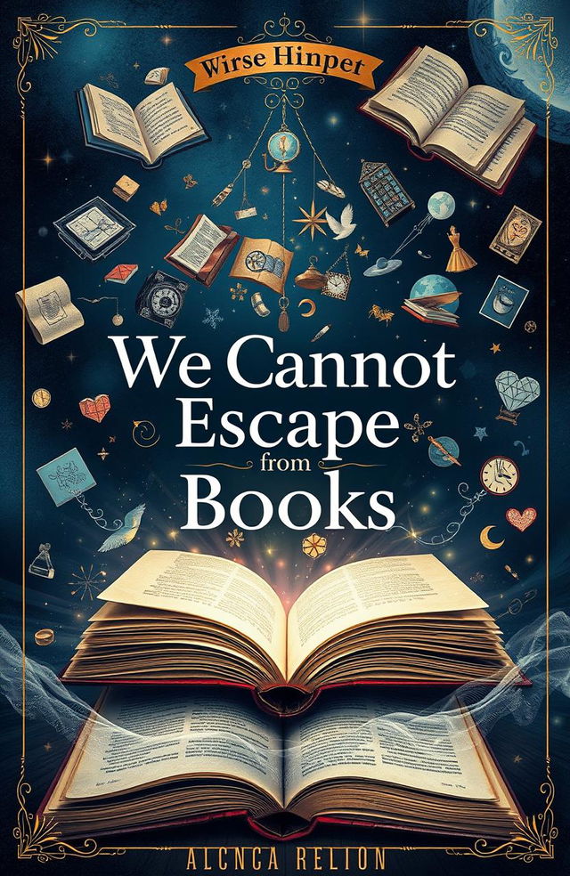 A conceptual book cover that embodies the theme of 'We Cannot Escape from Books' featuring a visually striking design