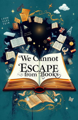A conceptual book cover that embodies the theme of 'We Cannot Escape from Books' featuring a visually striking design