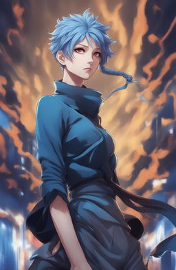 A high quality digital art piece of a blue-haired girl in the style of Jujutsu Kaisen, with her hair and features meticulously detailed, capturing the unique art style of the anime