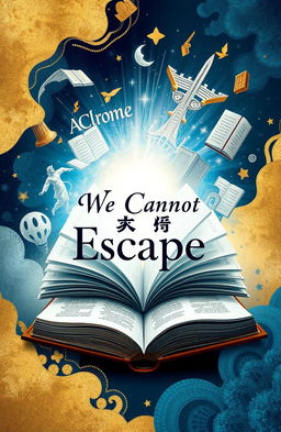 A conceptual book cover that embodies the theme of 'We Cannot Escape from Books' featuring a visually striking design
