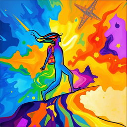 A vibrant abstract image depicting a person embarking on a journey, represented through bold and expressive colors