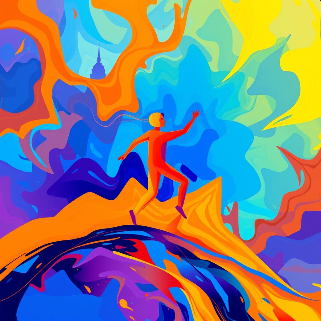 A vibrant abstract image depicting a person embarking on a journey, represented through bold and expressive colors