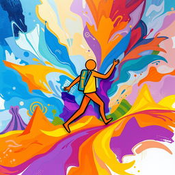 A vibrant abstract image depicting a person embarking on a journey, represented through bold and expressive colors