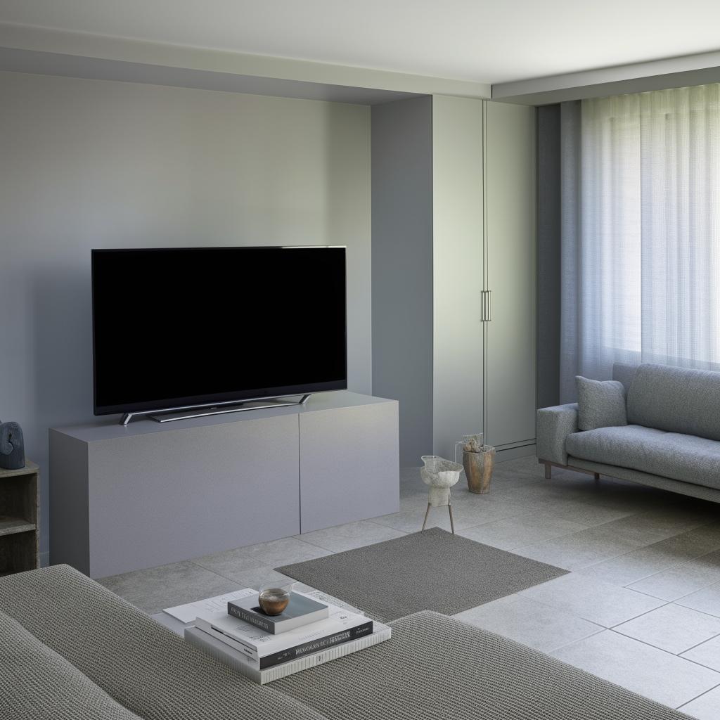 A comfortable living room with greyish floor tiles, a bluish sofa, and a contemporary television unit.