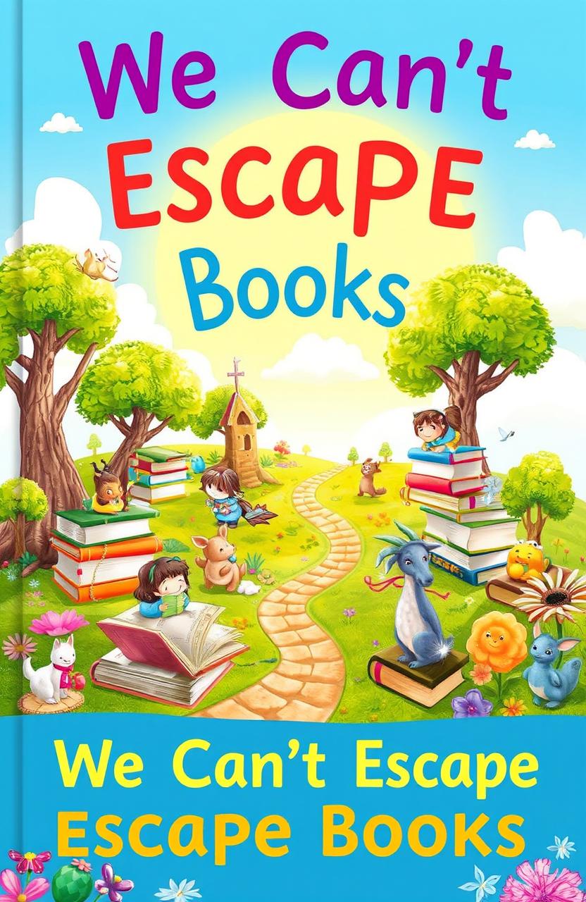 A beautifully illustrated children's book cover titled 'We Can't Escape Books'