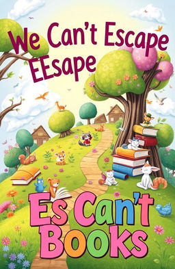 A beautifully illustrated children's book cover titled 'We Can't Escape Books'