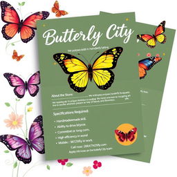 An eye-catching employment announcement flyer for "Butterfly City",&nbsp; a store that specializes in handmade butterfly bouquets