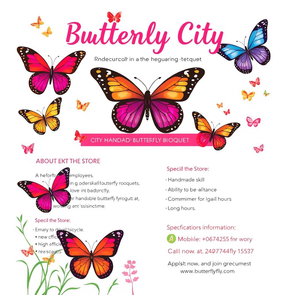 An eye-catching employment announcement flyer for "Butterfly City",&nbsp; a store that specializes in handmade butterfly bouquets