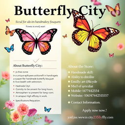 An eye-catching employment announcement flyer for "Butterfly City",&nbsp; a store that specializes in handmade butterfly bouquets