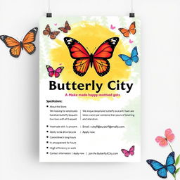 An eye-catching employment announcement flyer for "Butterfly City",&nbsp; a store that specializes in handmade butterfly bouquets