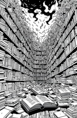 A black and white illustration representing the theme "We Are Not Free from Books", featuring a chaotic library scene filled with densely packed bookshelves