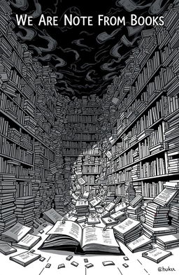 A black and white illustration representing the theme "We Are Not Free from Books", featuring a chaotic library scene filled with densely packed bookshelves