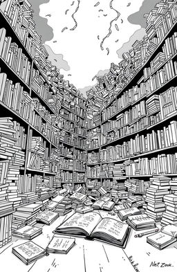 A black and white illustration representing the theme "We Are Not Free from Books", featuring a chaotic library scene filled with densely packed bookshelves