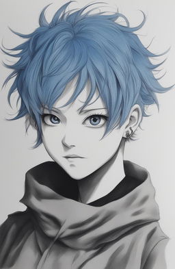 A detailed pen drawing of a blue-haired girl in the style of Jujutsu Kaisen