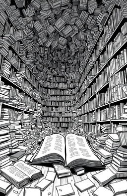A black and white illustration representing the theme "We Are Not Free from Books", featuring a chaotic library scene filled with densely packed bookshelves