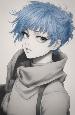 A detailed pen drawing of a blue-haired girl in the style of Jujutsu Kaisen