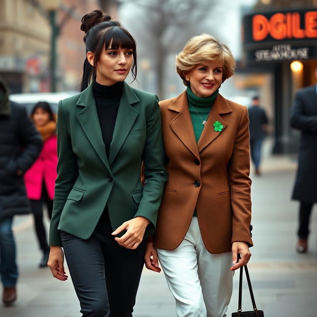 A tall, pretty woman with dark brown hair and bangs styled in a professional bun, dressed in a green blazer over a black turtleneck and dark green pants