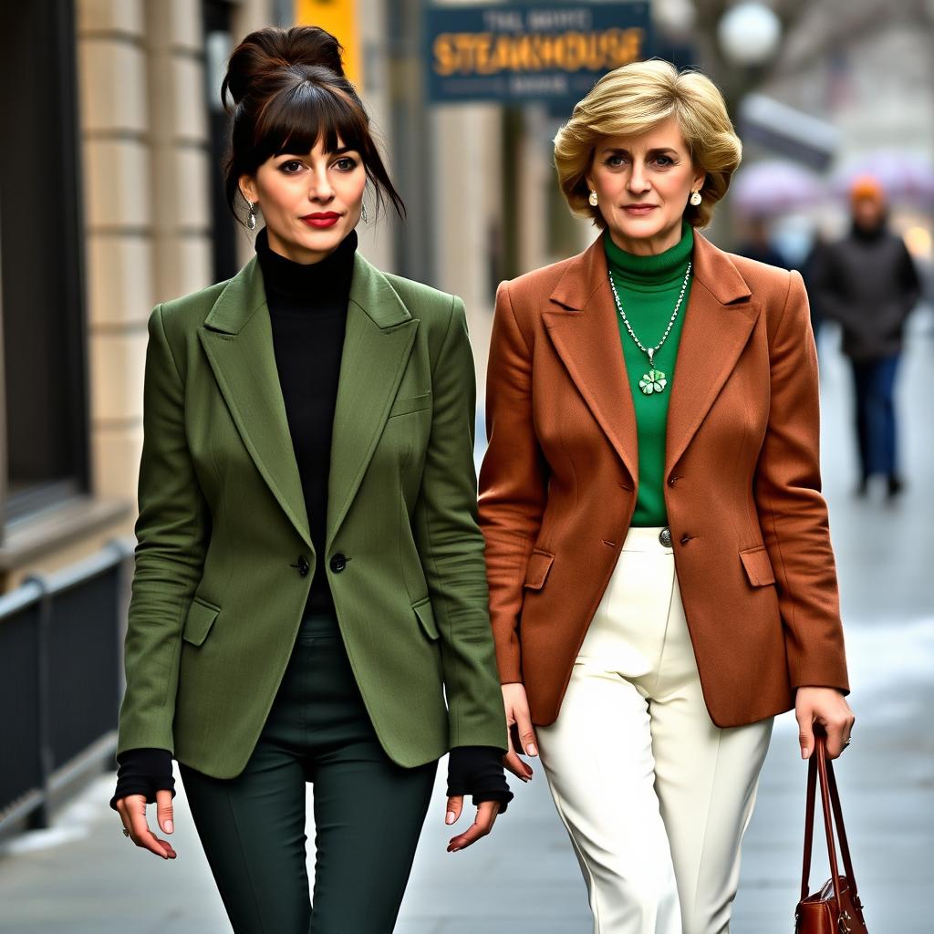 A tall, pretty woman with dark brown hair and bangs styled in a professional bun, dressed in a green blazer over a black turtleneck and dark green pants