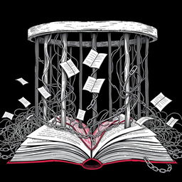 An artistic illustration inspired by the theme of liberation and confinement, featuring an abstract representation of a prison made of intricate lines and patterns