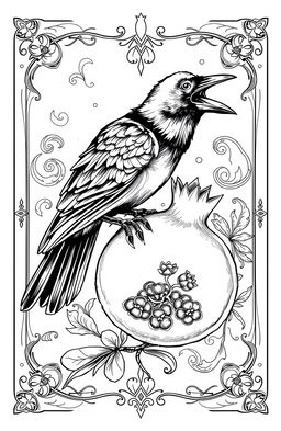 A linear drawing of a crow and a pomegranate, set within the context of a tarot card design