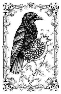 A linear drawing of a crow and a pomegranate, set within the context of a tarot card design