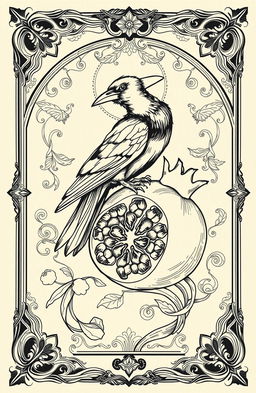 A linear drawing of a crow and a pomegranate, set within the context of a tarot card design