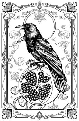 A linear drawing of a crow and a pomegranate, set within the context of a tarot card design