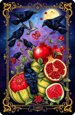 A detailed tarot card design featuring multiple crows, pomegranates, and watermelons interwoven throughout the image