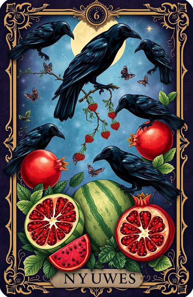 A detailed tarot card design featuring multiple crows, pomegranates, and watermelons interwoven throughout the image