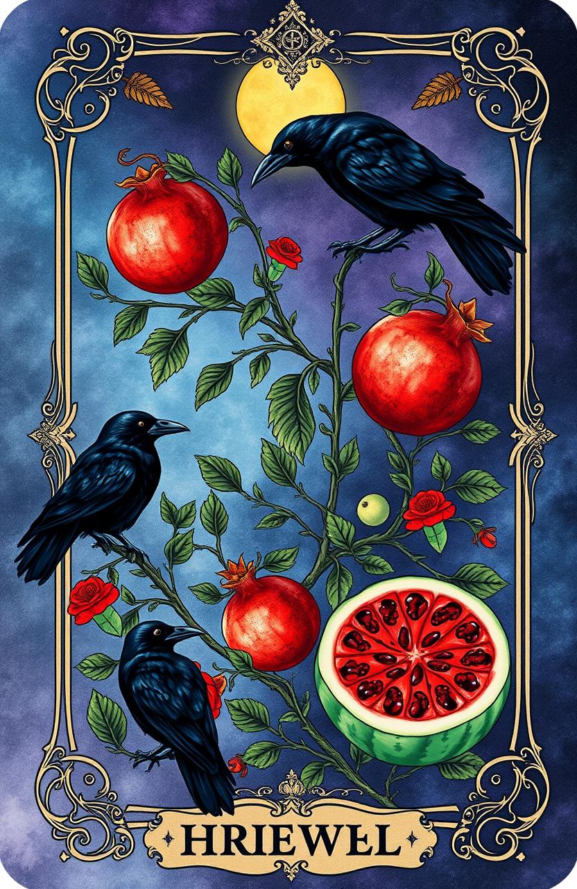 A detailed tarot card design featuring multiple crows, pomegranates, and watermelons interwoven throughout the image