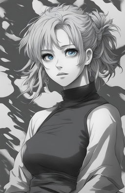 A detailed pen drawing of a blue-haired girl in the style of Jujutsu Kaisen