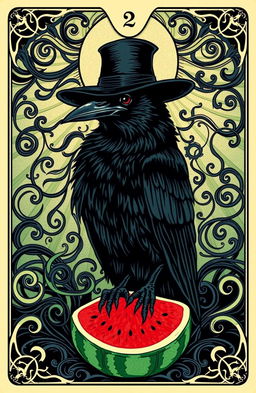 A tarot card design featuring a black crow wearing a hat, surrounded by an abundance of swirling lines that add a mystical feel