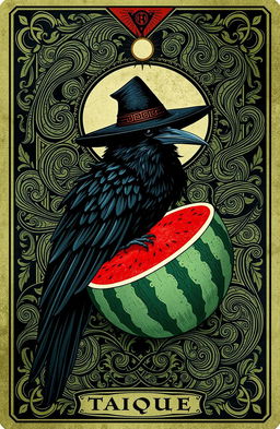 A tarot card design featuring a black crow wearing a hat, surrounded by an abundance of swirling lines that add a mystical feel