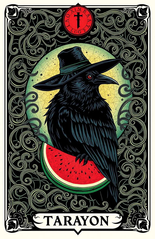 A tarot card design featuring a black crow wearing a hat, surrounded by an abundance of swirling lines that add a mystical feel