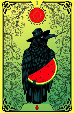 A tarot card design featuring a black crow wearing a hat, surrounded by an abundance of swirling lines that add a mystical feel