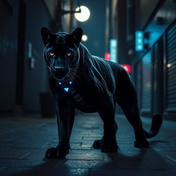 A stealthy, cunning animal assassin, like a sleek black panther, gracefully positioned in a dimly lit urban alley