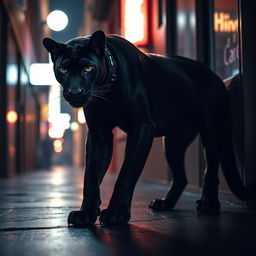 A stealthy, cunning animal assassin, like a sleek black panther, gracefully positioned in a dimly lit urban alley