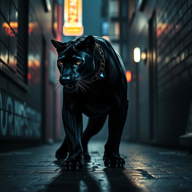 A stealthy, cunning animal assassin, like a sleek black panther, gracefully positioned in a dimly lit urban alley