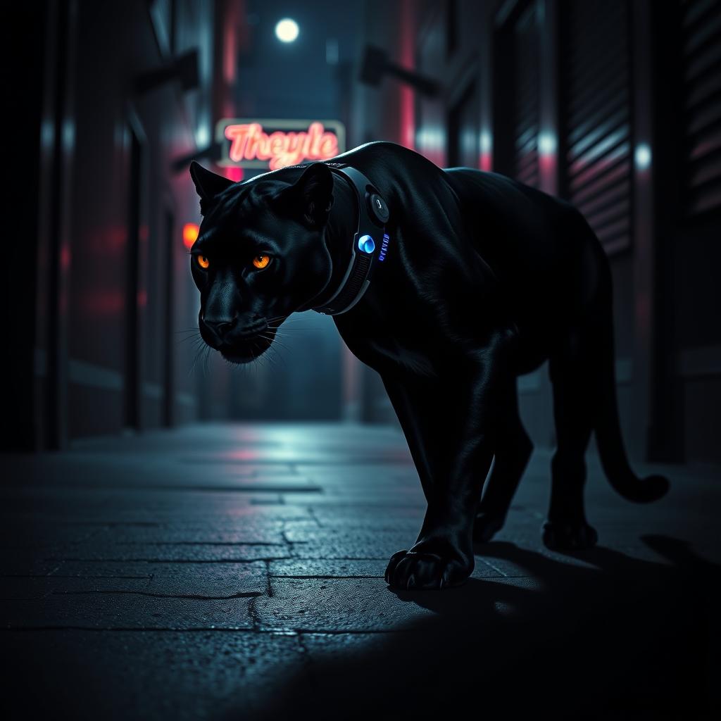 A stealthy, cunning animal assassin, like a sleek black panther, gracefully positioned in a dimly lit urban alley