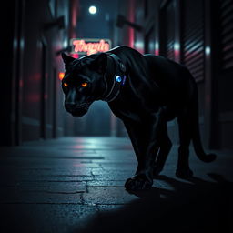 A stealthy, cunning animal assassin, like a sleek black panther, gracefully positioned in a dimly lit urban alley