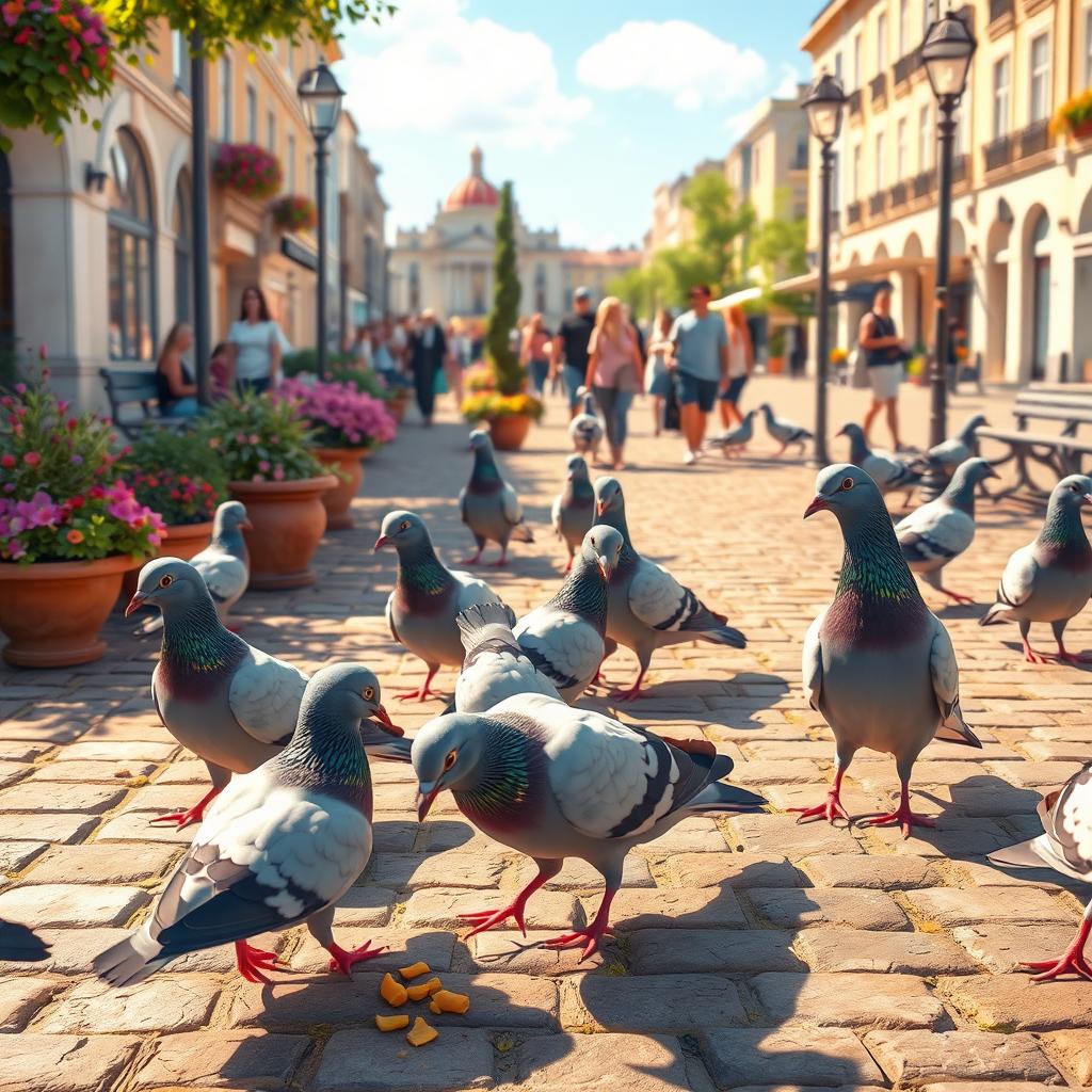 An animated image featuring several pigeons bustling around in a lively plaza, pecking at crumbs and interacting with each other