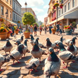 An animated image featuring several pigeons bustling around in a lively plaza, pecking at crumbs and interacting with each other