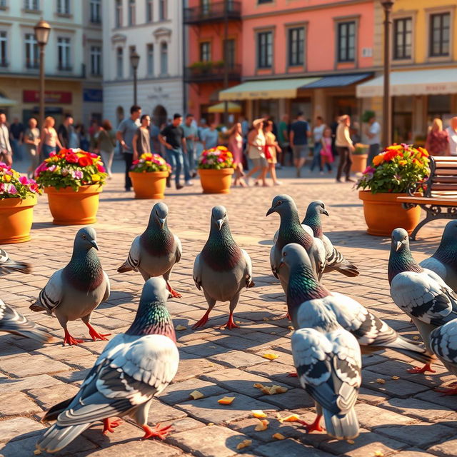 An animated image featuring several pigeons bustling around in a lively plaza, pecking at crumbs and interacting with each other