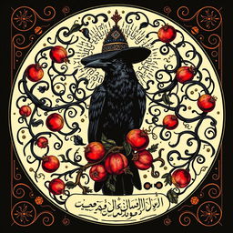 A tarot card design featuring a black crow wearing a hat, surrounded by intricate and abundant swirling lines that contribute to a mystical feel