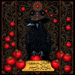 A tarot card design featuring a black crow wearing a hat, surrounded by intricate and abundant swirling lines that contribute to a mystical feel